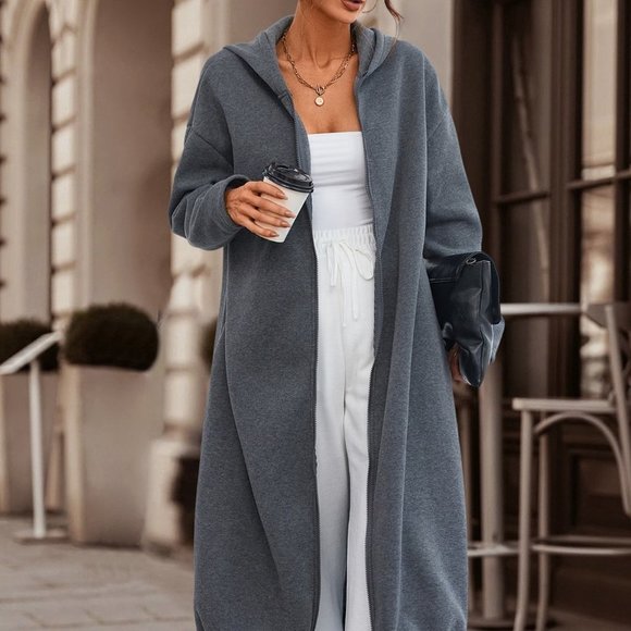 Casual Drawstring Hem Zip Up Hoodie Dark Grey - Picture 6 of 7